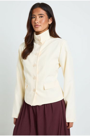 Funnel Neck Contrast Button Blazer - cream