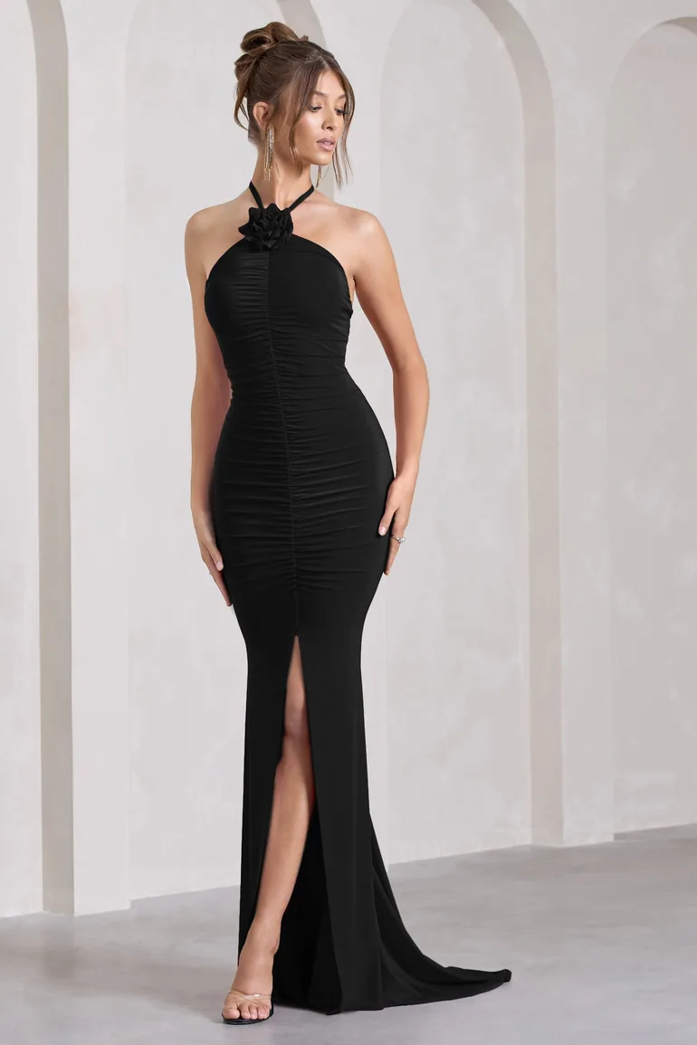 Shop Holly | Black Ruched Halter-Neck Split Fishtail Maxi Dress Online in  Bahrain