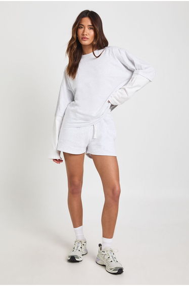 Double Layer Top And Contrast Drawcord Sweat Short Set - ash grey
