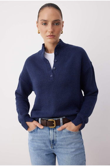 Wardrobe Essentials Navy Blue Soft Textured Loose Knit Sweater