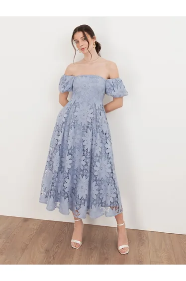 Maya Wisteria Blue Bardot Puff Short Sleeve Lace Midi Dress