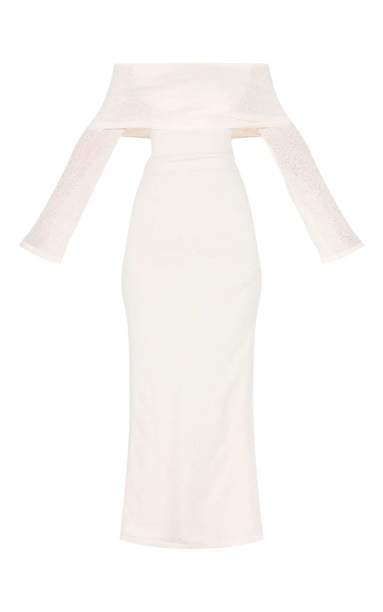 Cream Textured Bardot Foldover Maxi Dress - 4