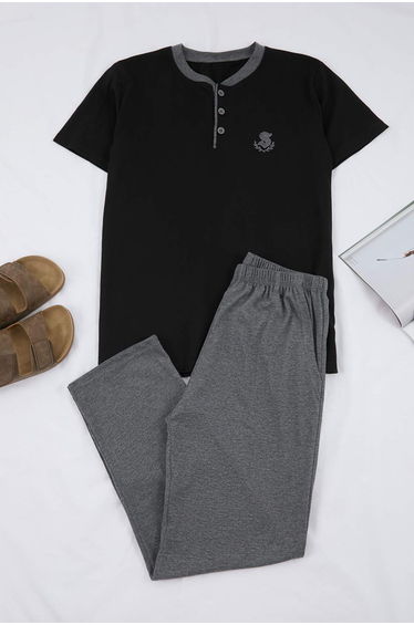 Black Regular Buttoned Collar Knitted Pajama Set