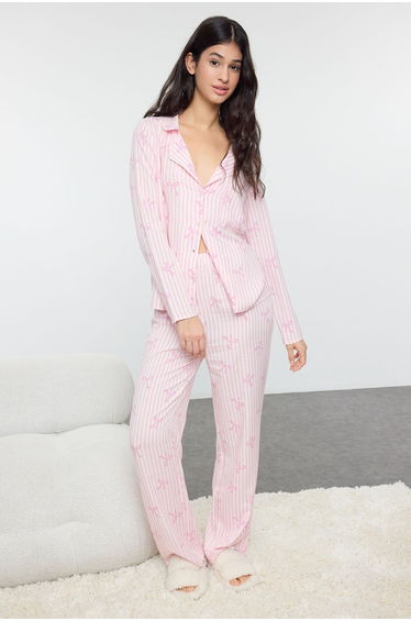 Light Pink Ribbon/Bow Viscose Woven Pajama Set