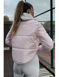 Women's Pink Standing Collar Double Pocketed Inflatable Puffer Coat with Elastic Waist - 3