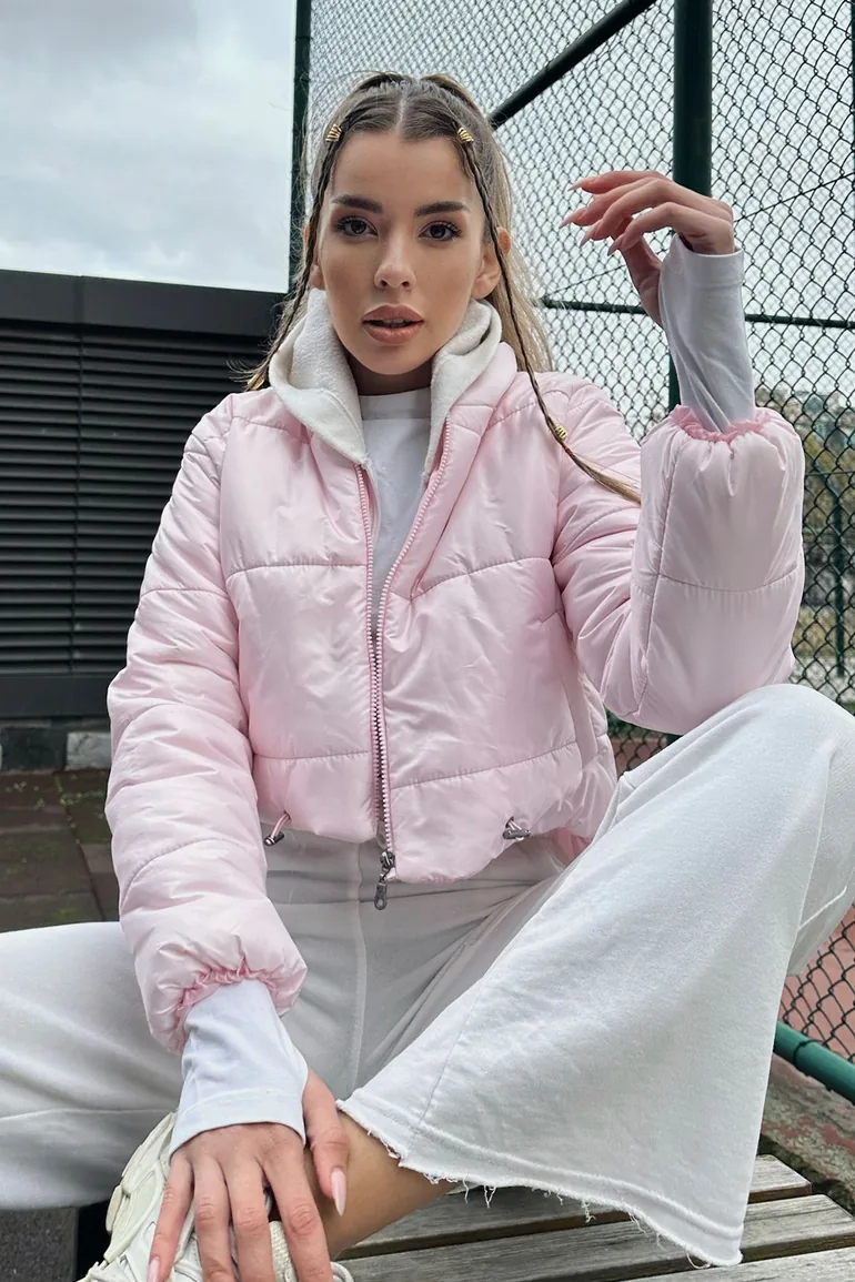 Women's Pink Standing Collar Double Pocketed Inflatable Puffer Coat with Elastic Waist - 2