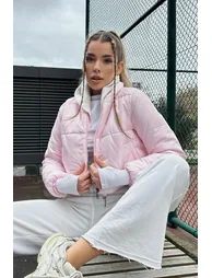 Women's Pink Standing Collar Double Pocketed Inflatable Puffer Coat with Elastic Waist
