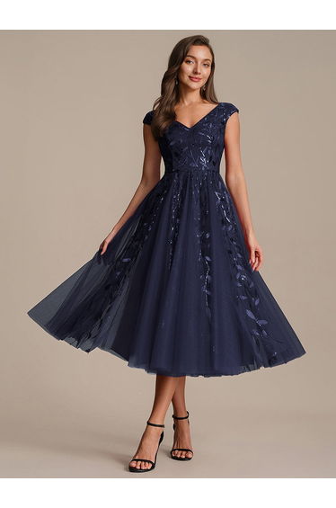 V-Neck Midi Sequin Sleeveless Wedding Guest Dress
