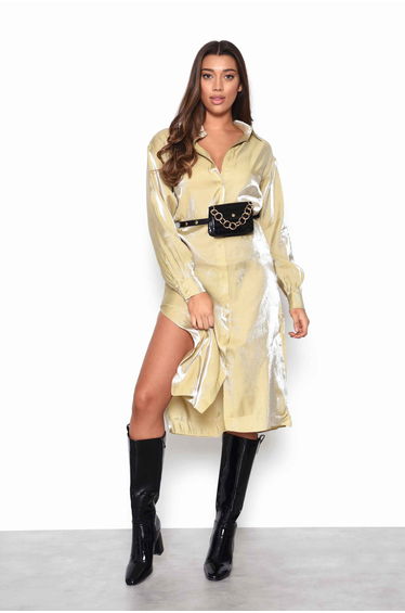 Glamorous Ochre Shimmer Long Sleeve Midi Shirt Dress with Side Splits