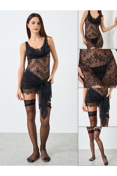Women All Lace Wireless Babydoll with Thong and Stockings with Belt Set