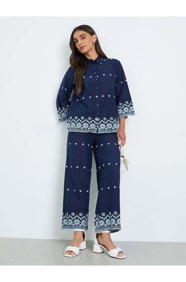 Women Navy Embroidered Shirt and Trousers Co-Ords