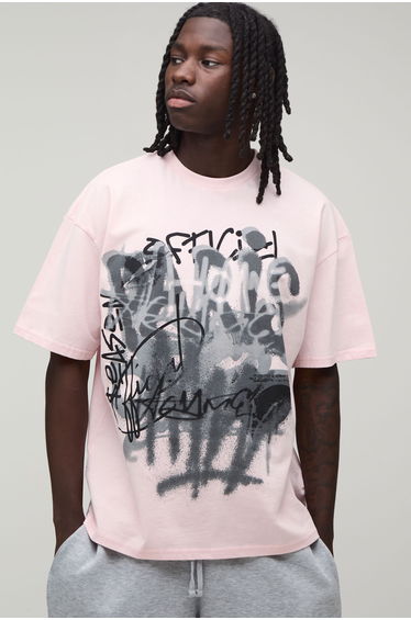 Oversized Spray Graffiti Print T-shirt - light pink