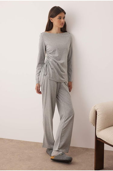 Gray Melange Cotton Gathered Detailed Knitted Pajama Set