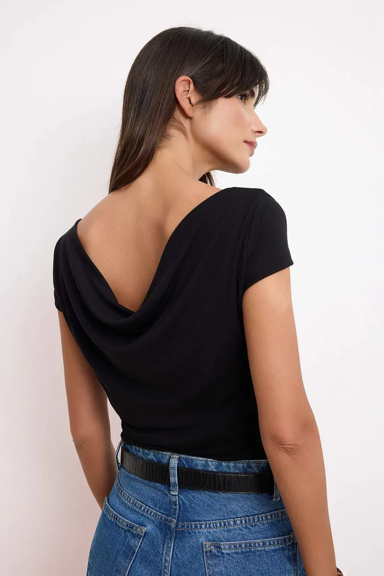 Black Fitted/Bodycon Boat Neck Short Sleeve Soft Knitted Blouse - 1
