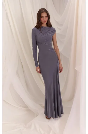 Slate Grey Slinky Ruched Seam Asymmetric Maxi Dress