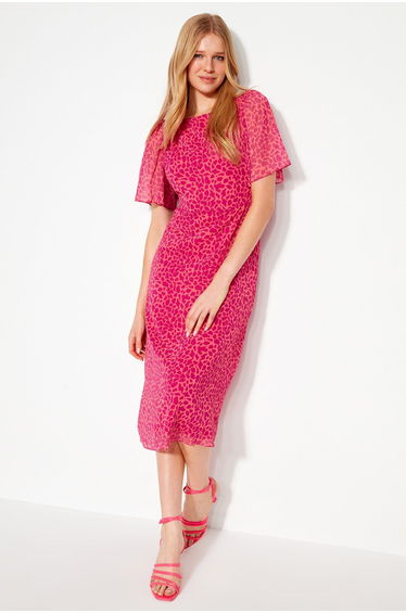 Pink Chiffon A-Line Midi Dress with Long Sleeves