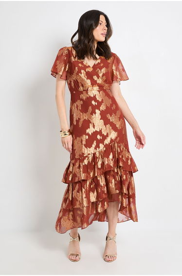 Metallic Ruffle Hem Midi Dress