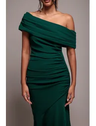 Pleated One Shoulder Bardot Fit And Flare Maxi Dress - Emerald Green by Goddiva - 1