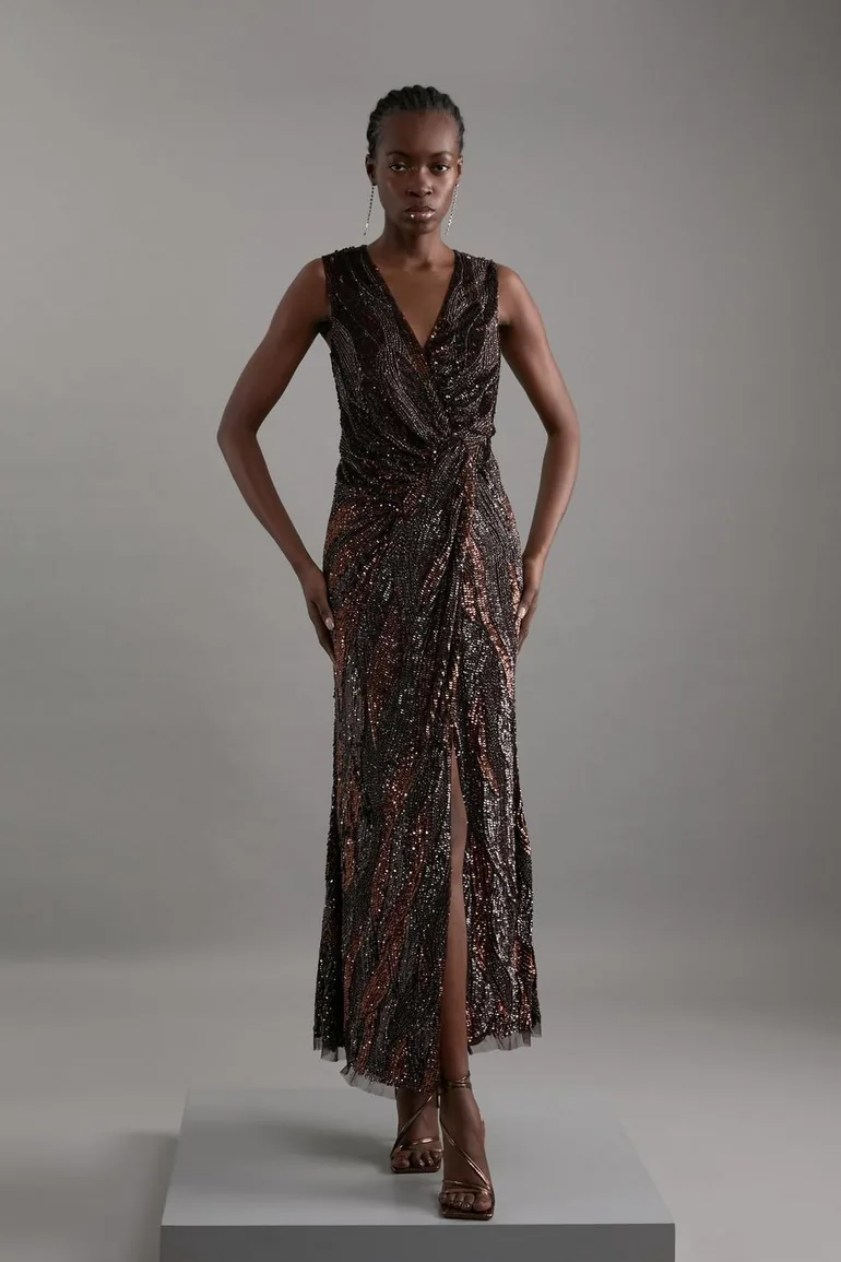 Shop Embellished Plunge Beaded Woven Maxi Dress Online in Bahrain