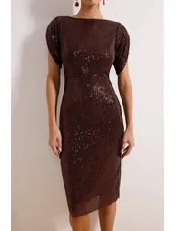 Brown Body-Styling Glittery Knitted Sequin Chic Evening Dress - 2