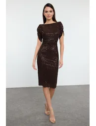 Brown Body-Styling Glittery Knitted Sequin Chic Evening Dress - 7