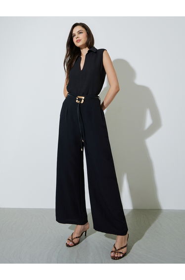 Black Open Collar Top and Pants Co-Ords Set