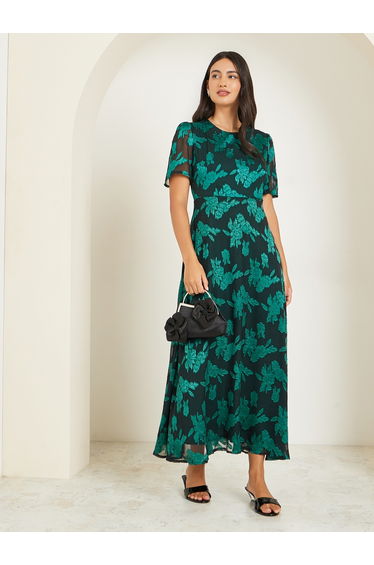 Teal Floral Short Sleeve A-Line Maxi Dress