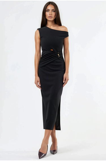 BUSEM Asymmetrical Collar Midi Dress with Accessory Details