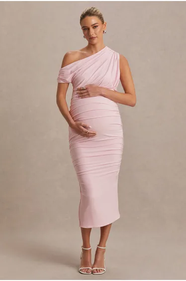 Linnea | Blush Pink Asymmetric-Neck Maternity Midi Dress