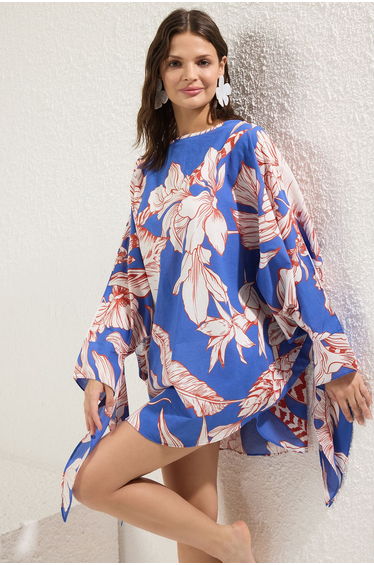 Floral Patterned Mini Woven Tie 100% Cotton Beach Dress