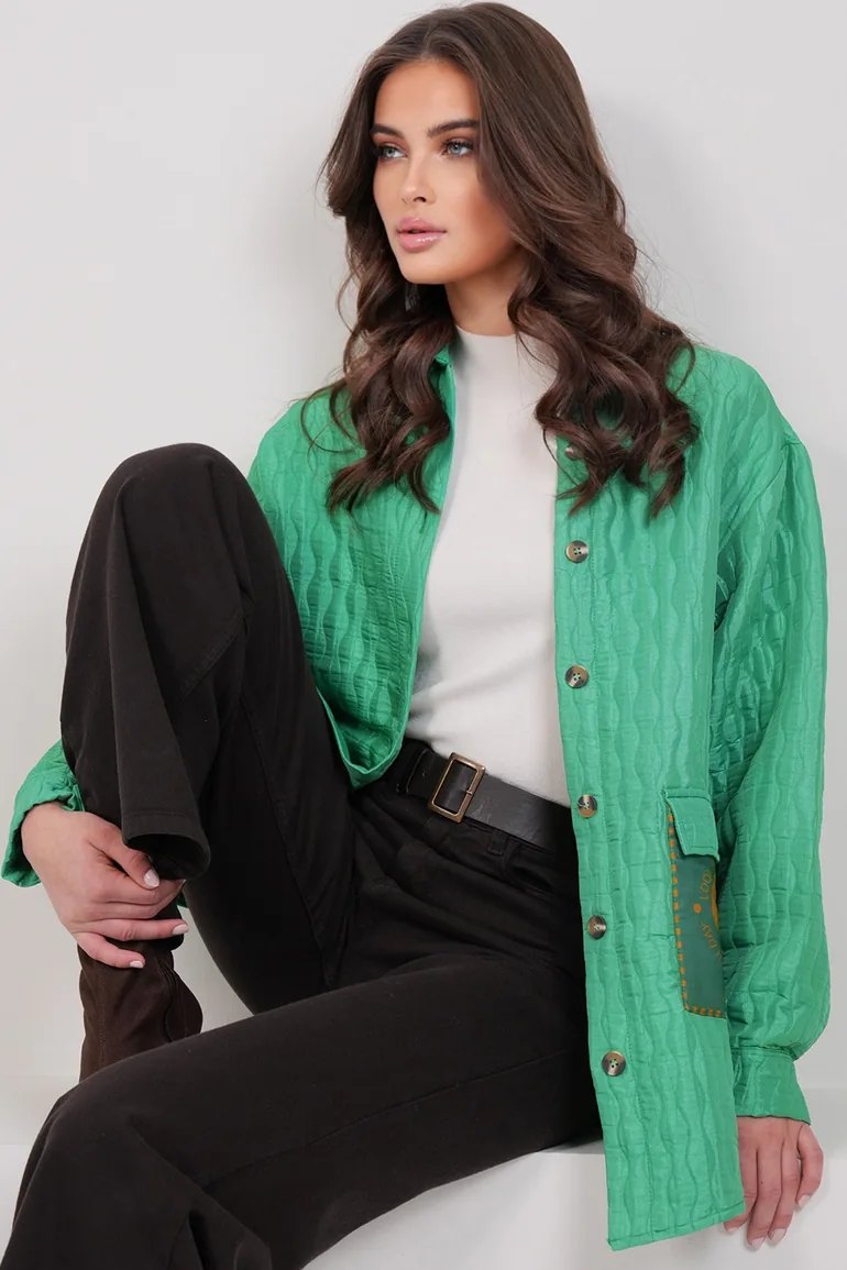 Women's Green Pocket Detailed Quilted Shirt Jacket - 1