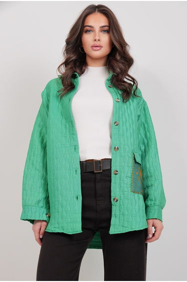 Women's Green Pocket Detailed Quilted Shirt Jacket