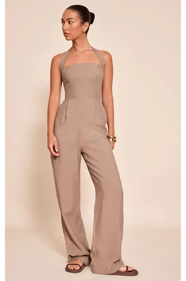 Mushroom Woven Textured Halterneck Jumpsuit