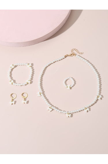 Set of 4 - Bow Pendant Faux Pearl Necklace, Bracelet, Earrings and Ring