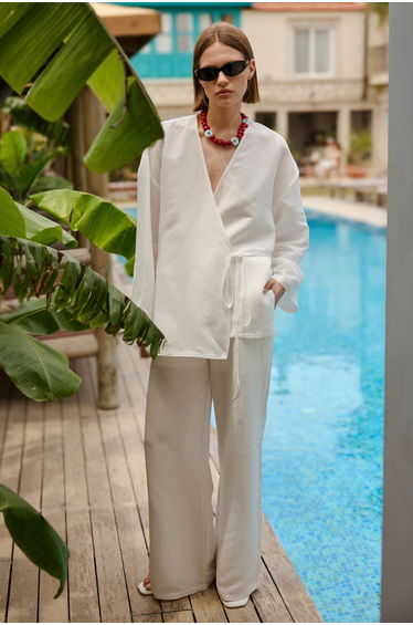 White Oversize Double Breasted Blouse Pants Bottom - Top Set