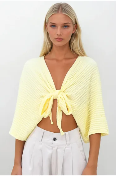 Women's Yellow Batwing Sleeve Detailed Crepe Crop Blouse