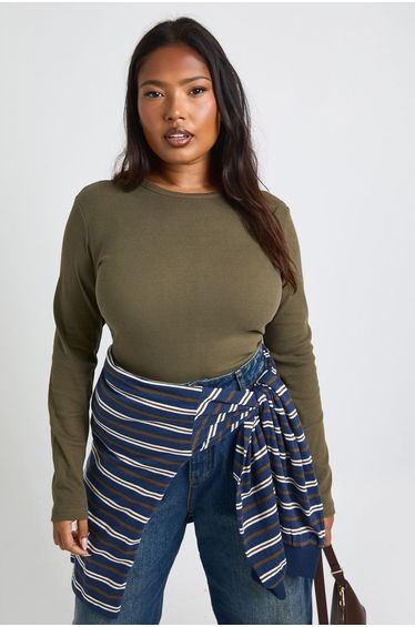 Plus Basic Rib Long Sleeve Fitted Longline Top - khaki