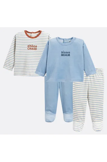Pack of 2 Pyjamas in Slogan Print/Striped Velour
