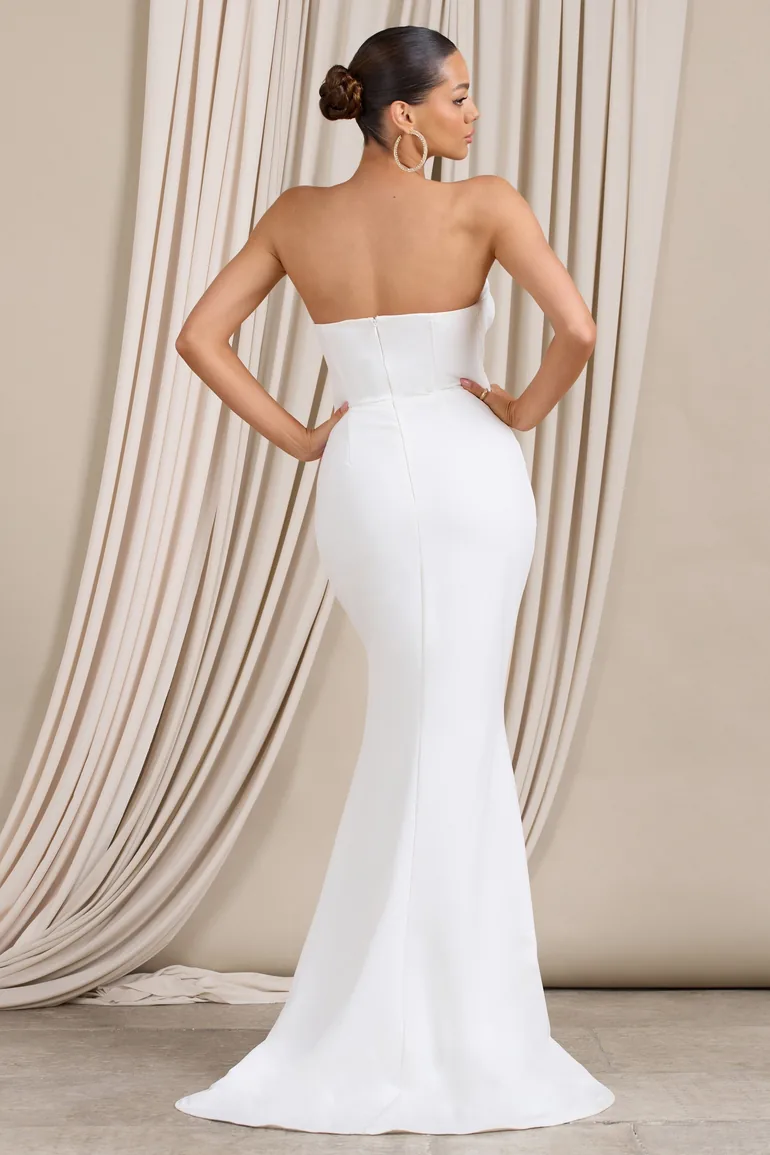 cut out fishtail maxi dress in white Lucienne Embellished Cut-Out Fishtail Maxi Dress in White