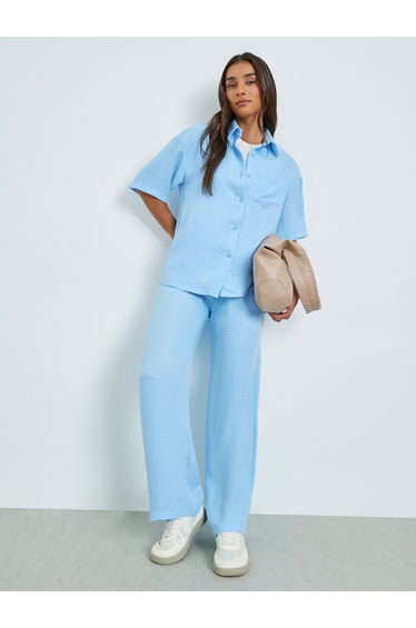 Blue Front Pocket Oversize Shirt and Wide Leg Pants Co-Ords