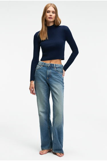 GRIMELANGE CALIDA Women's Ribbed Look Slim Fit Knit Sweater with Stand Collar Navy Blue