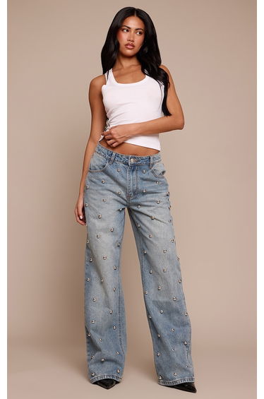 Mid Blue Dome Stud High Waisted Denim Jeans