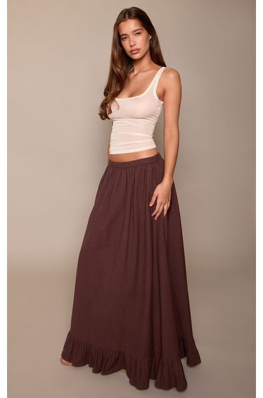 Chocolate Linen Look Frill Hem Floaty Maxi Skirt