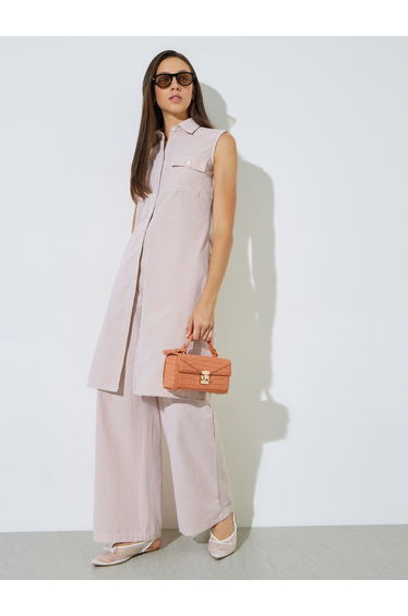 Beige Striped Longline Shirt