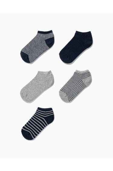 Pack of 5 Pairs of Plain/Striped Ankle Socks for Boys, Blue/Grey