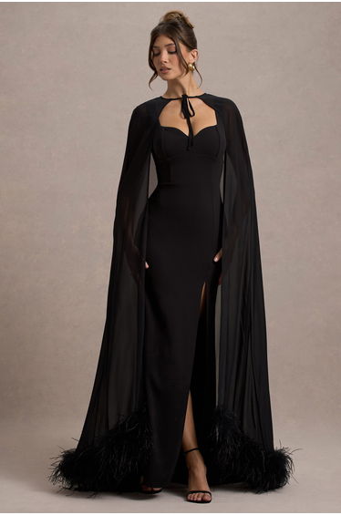Veranna | Black Chiffon Cape with Fur Trim