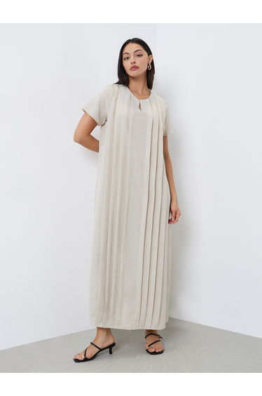 Cream Pleated Short Sleeve Maxi Jalabiya