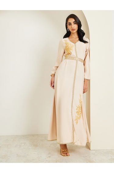 Women Beige Golden Embroidered Kaftan
