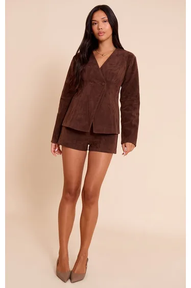 Dark Brown Structured Faux Suede Cinched Waist Blazer