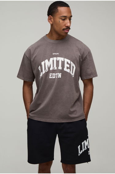Oversized Washed Limited Edition Printed T-Shirt & Short Set - washed chocolate